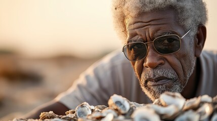 An experienced senior man inspects shells at the beach, his contemplative expression revealing a deep connection to nature and memories of past voyages by the sea.