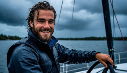 Obraz premium Handsome man with beard controls yacht in storm, rain, thunderstorm with lightning. Sports recreation at sea.