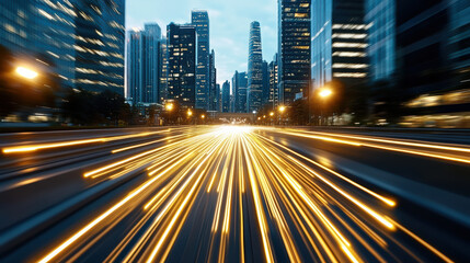 Fototapeta premium Dynamic cityscape with light trails from vehicles, showcasing urban energy and modern