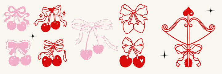 Festive Red & Pink Cherries and Bows. Sweet Holiday & Love