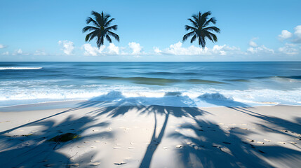 Tropical beach paradise with palm trees, blue sky, and turquoise ocean water