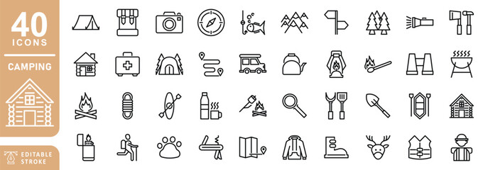 Set of 40 Camping and Adventure Line Icons. Contains Icons as Campfire, Hiking, Compass, Mountain, Fishing. Editable Stroke.