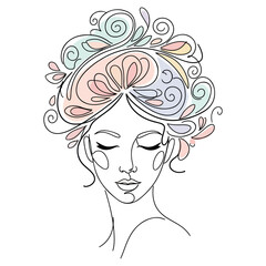 Woman's face with abstract floral hair illustration