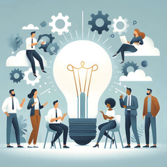 Group of diverse professionals collaborating to develop innovative ideas symbolized by a light bulb and gears, representing teamwork, creativity, innovation, and strategic