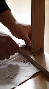 Assembling Furniture: Close-up of hands constructing a flat-pack item with an Allen wrench, carefully following the assembly guide for precise construction.