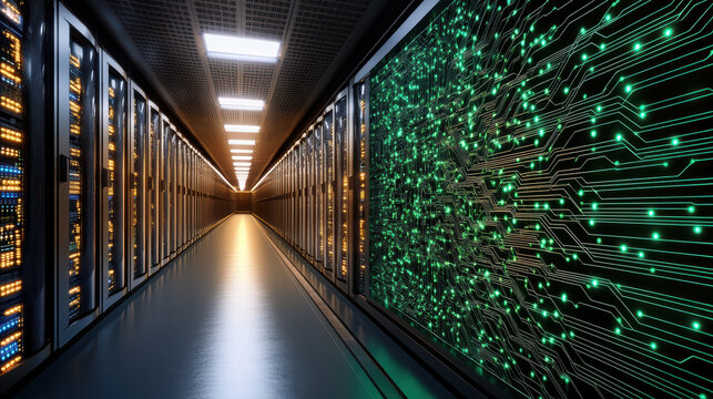 Modern data center corridor featuring illuminated server racks and vibrant circuit board design