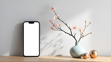 Minimalist Zen Still Life with Pink Blossom Tree, Smartphone, and Pastel Decor in Soft Light