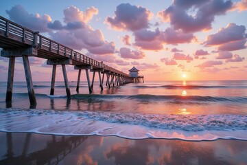 Fototapeta premium Vibrant sunrise paints the sky with pink and orange hues. Gentle waves caress the sandy beach, a pier with buildings stands in the calm sea.