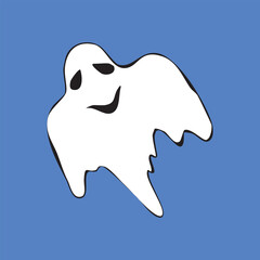 A hand-drawn white ghost with a smiling mouth in doodle style. Vector illustration for creating stickers, postcards for Halloween