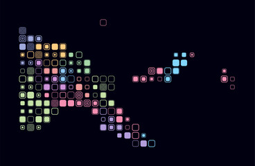Papua New Guinea, shape of the country built of colored cells. Digital style map of Papua New Guinea on a dark background. Large size rounded square blocks. Modern vector illustration.