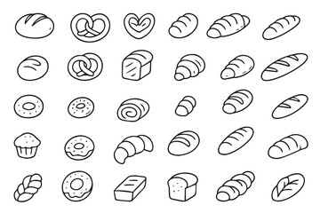 Different types of bakery products hand drawn. Delicious pastries in doodle style. Bakery or bakery menu. Vector 