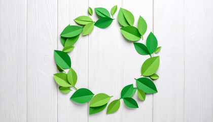 Nature's Embrace: A circular arrangement of vibrant green paper leaves, meticulously crafted, rests gracefully on a wooden surface, symbolizing the beauty and harmony of nature.