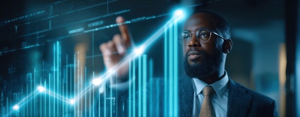 The businessman interacting with digital graphs in a modern office environment.