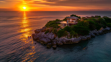 Tropical Thai island sunset over the ocean with boats on the beach