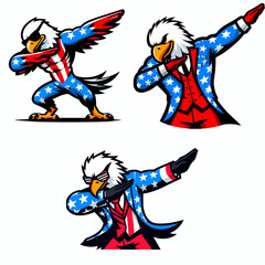 happy bald eagle. Dabbing Independence Day 4th of July American Flag Patriotism Usa Funny Clipart Line Art Vector Illustration. Delighted bird prey portrait image joy concept wildlife.