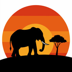 Fototapeta premium Scene with elephant at sunset landscape vector on white background.