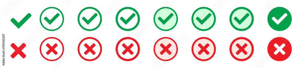 Aufkleber right or wrong icons. green tick and red cross checkmarks in circle flat icons. yes or no symbol, ap
