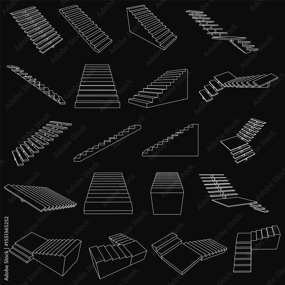 Poster a set of uniquely designed stairs arranged in a neat pattern against a black background, each with d