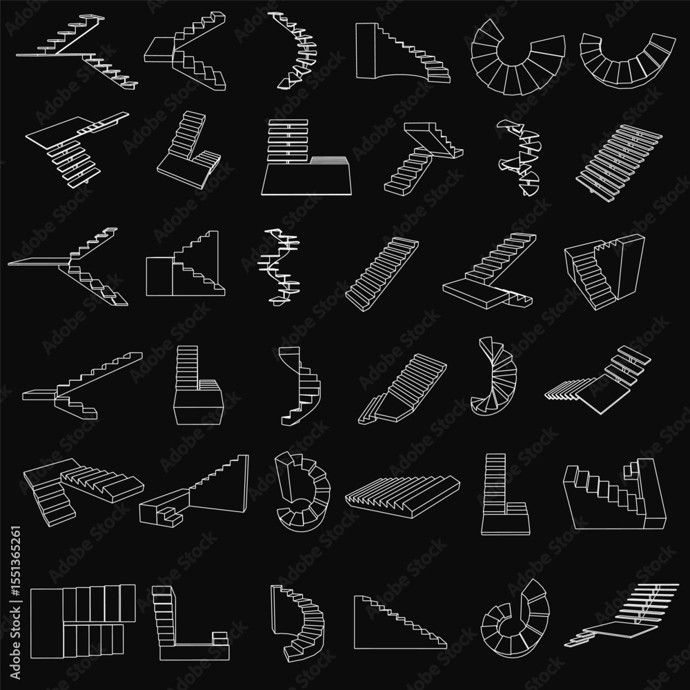 Poster white spiral staircase icons arranged in a neat pattern on a black background, each with unique cont