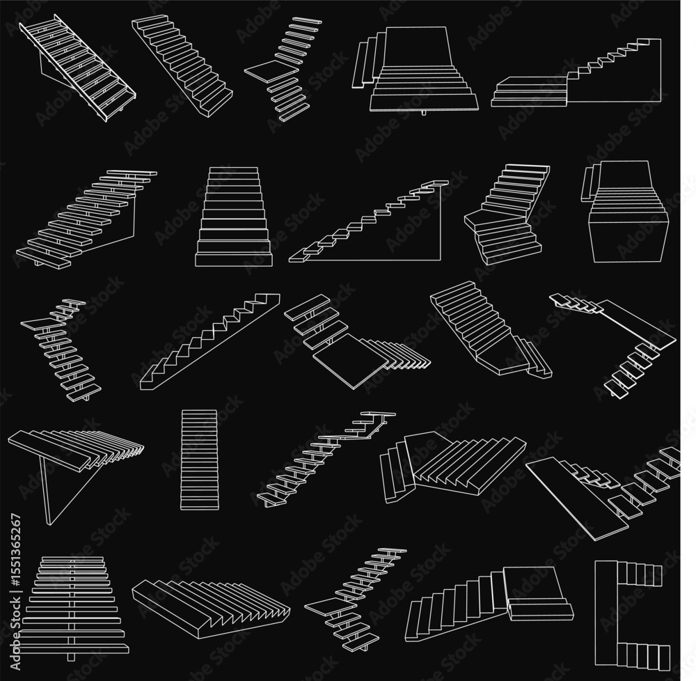 Poster a set of uniquely designed stairs arranged in a neat pattern against a black background, each with d