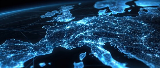 The illuminated map of Europe showcasing digital connectivity and technology.