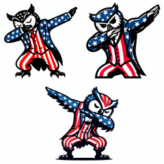 Fototapeta premium Owl. Dabbing Independence Day 4th of July American Flag Patriotism Usa Funny Clipart Line Art Vector Illustration. Nocturnal bird avian predator raptor with big vision feathered hunter.