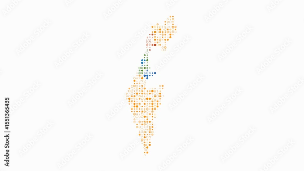 Poster israel dotted animation. shape of the country build of pulsating colored dots. small size circle blo