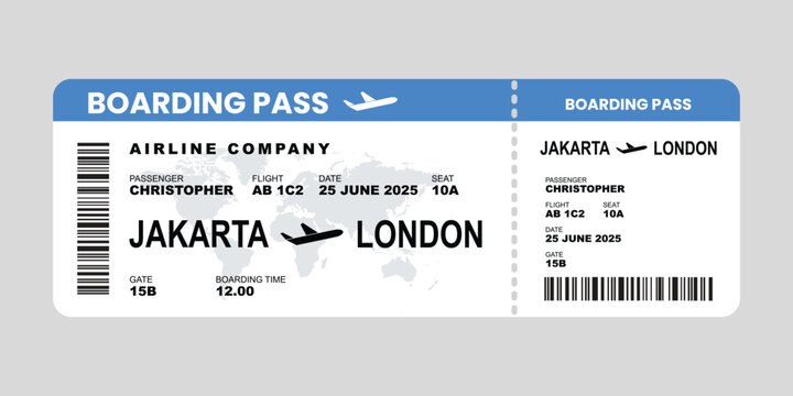 Blue and white Airplane ticket design. Realistic illustration of airplane ticket boarding pass with passenger name and destination. Concept of travel, journey or business trip. Isolated on white.