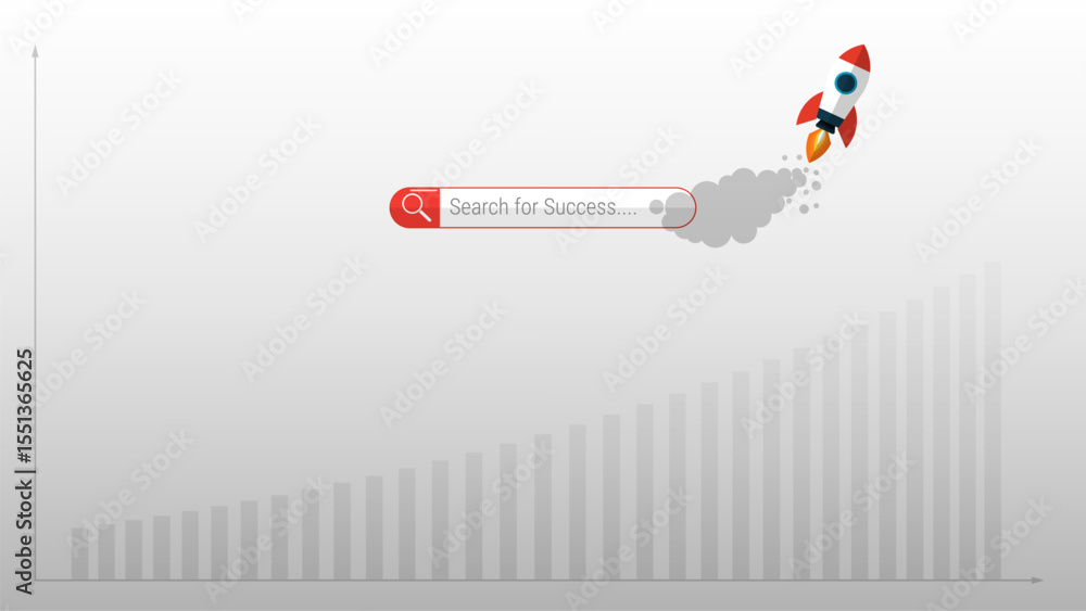 Poster search bar and rocket icon showing increasing graph trend data analytics, searching for launching a 