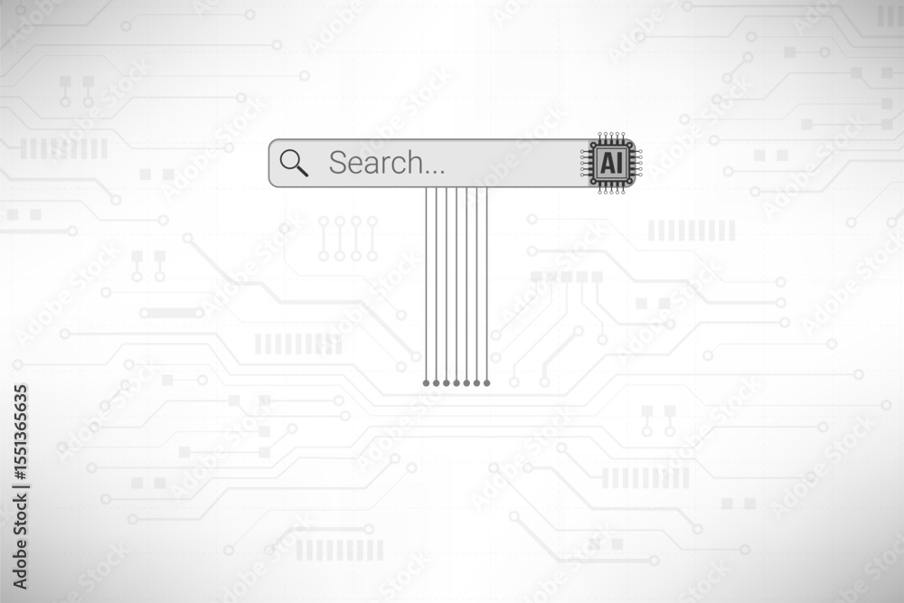 Poster search bar with ai chip icon on minimalistic white circuit line background, futuristic artificial in