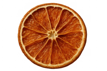 Dried orange slice revealing intricate textural patterns, transparent backdrop showcasing natural dehydration details