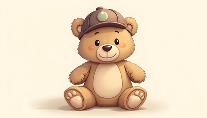 Obraz premium Sitting Teddy Bear with Cap – Adorable Illustration