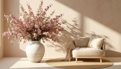 A minimalist design element - dried flowers in large vases against a pastel wall.