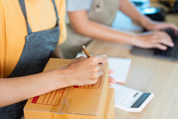 Entrepreneur managing logistics. A woman labeling a package for shipment in a home office.