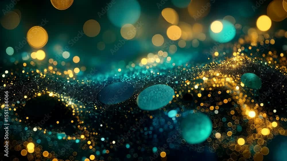 Poster abstract background featuring shimmering gold, turquoise and blue bokeh lights with small circular p