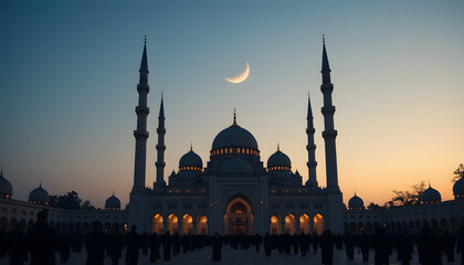Mosque architecture with soaring minarets and domes a religious landmark under the eastern sky