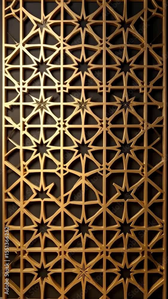 Poster geometric panel with ornate golden star patterns and grid design against a dark background creates a