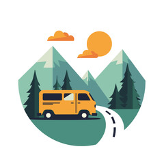 Vector illustration of a yellow van driving on a mountain road with forest and sunset. Travel and road trip concept