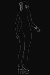 A young girl stands gracefully in a simple line art illustration, featuring clean strokes and minimal details. Her posture is relaxed yet poised, with flowing hair and a subtle curve to her.