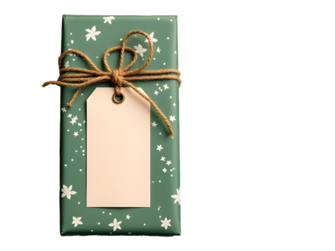 Green Gift Box with White Floral Pattern Beige Tag Brown Twine Isolated on a transparent background