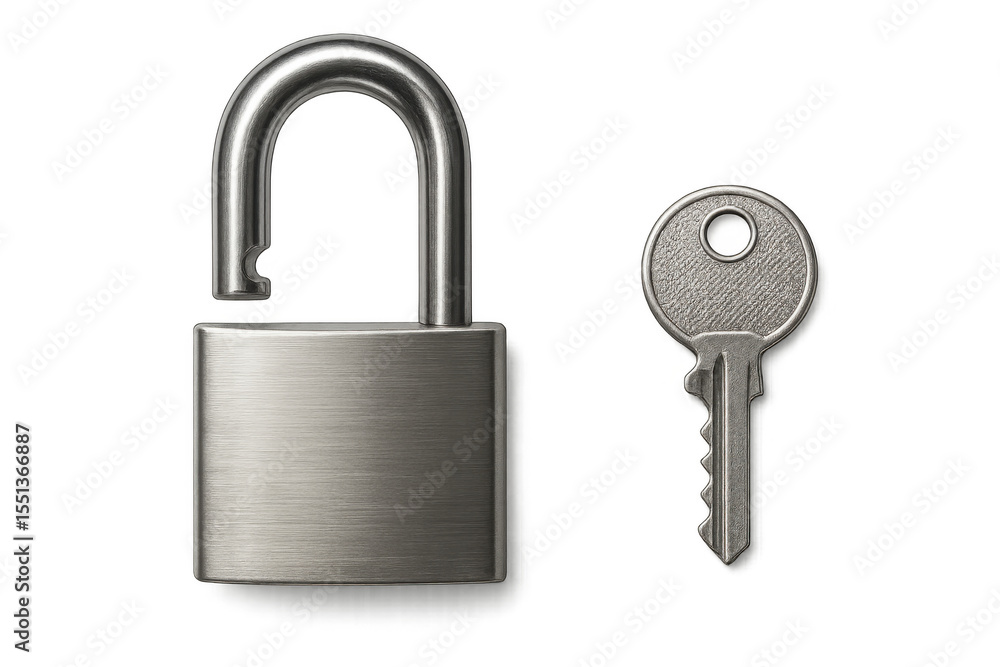 Poster open padlock and key isolated on transparent background, symbolizing security, access, and data prot