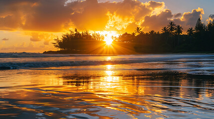 Golden light bathes the coastal landscape as the sun dips below the horizon, painting the sky with vibrant orange and red hues reflected on the tranquil sea and sandy beach