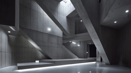 A dramatic interplay of light and shadow within a minimalist concrete structure, featuring angled walls, elevated platforms, and strategically placed lighting