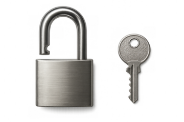 Open padlock and key isolated on transparent background, symbolizing security, access, and data protection