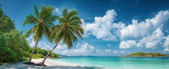 The beautiful tropical beach with palm trees and serene turquoise waters.
