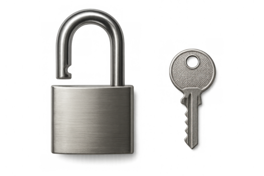 Open padlock and key isolated on transparent background, symbolizing security, access, and data protection