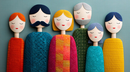 patchwork family with group of different doll-like figures