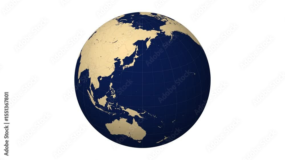 Poster spinning globe with a dark blue and pale peach color palette. planet rotation animation featuring a 
