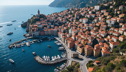 Fototapeta premium Aerial panorama of a Mediterranean port city, showcasing the harbor and coastal landscape