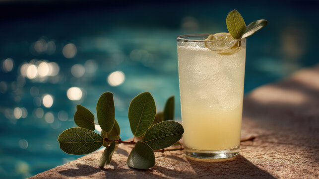 refreshing cocktail named forest bergamot garnished with green leaves elegantly placed near sparkling pool under